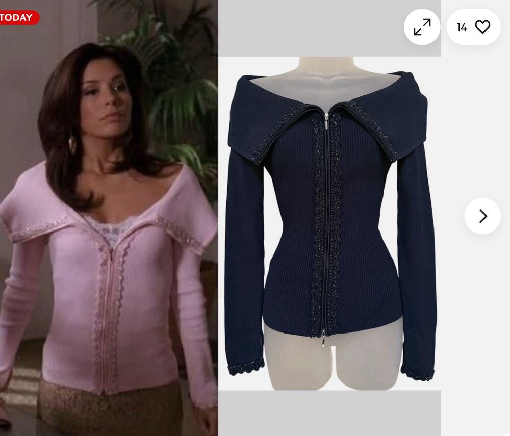 Vintage Y2K 900s Gabrielle Solis Cache Off Shoulder Beaded Zip Up Sweater